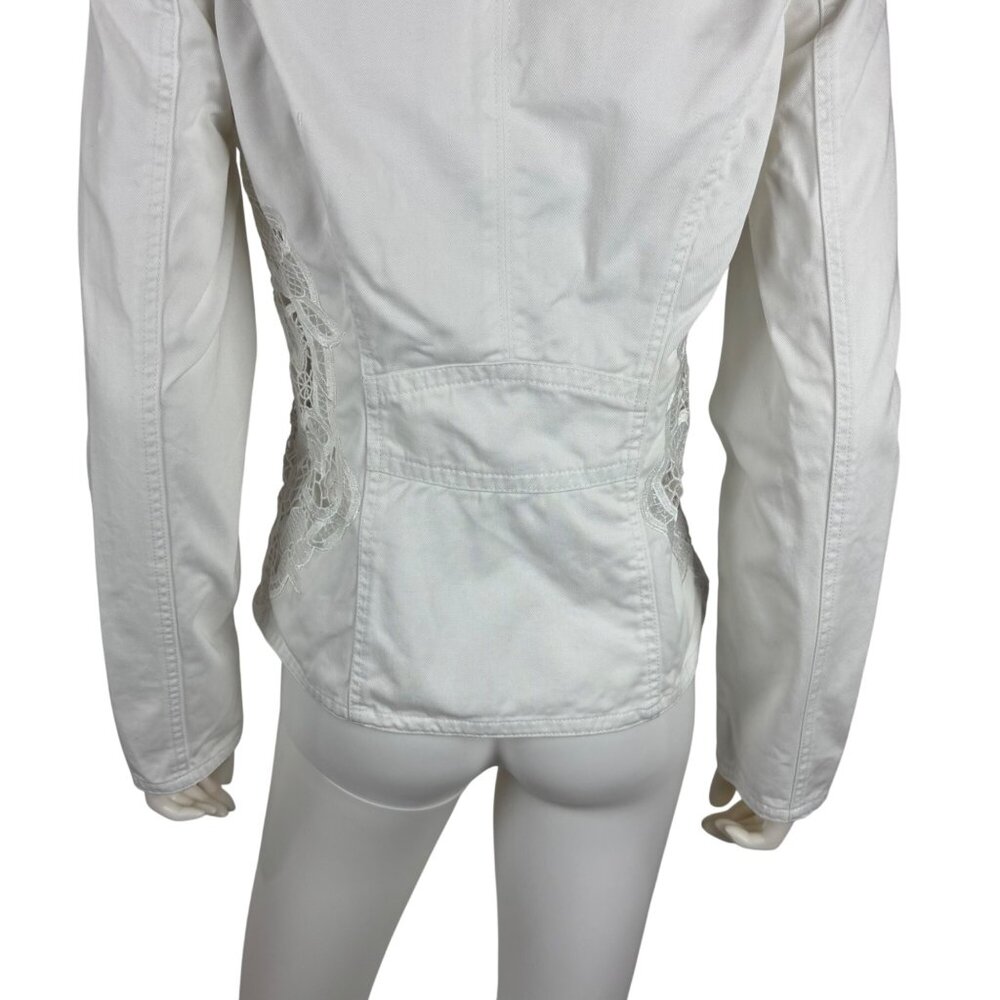 Together White Denim Jacket Small 6 Floral Inset Lace Cotton Spring Blazer - Picture 8 of 11